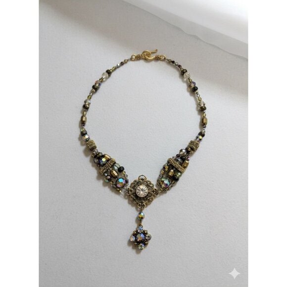 Victorian Style Choker Necklace Gold Tone Black Iridescent Crystal Statement - Picture 2 of 9